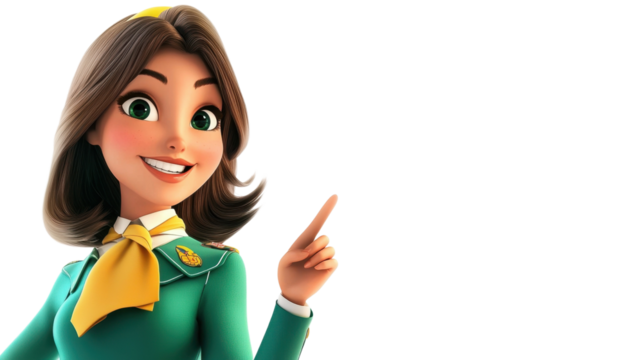 A cartoon air hostess with a green uniform, shoulder-length hair, and a matching scarf, pointing towards an emergency exit with a friendly expression, white background.