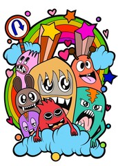 Hand-drawn illustrations, monsters doodle, Hand Drawn cartoon monster illustration,Cartoon crowd doodle hand-drawn Doodle style.