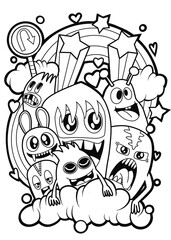 Hand-drawn illustrations, monsters doodle, Hand Drawn cartoon monster illustration,Cartoon crowd doodle hand-drawn Doodle style.black and white stripes coloring  book.