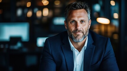 Obraz premium A well-groomed businessman exudes confidence while seated in a stylish office, showcasing a professional demeanor and a modern atmosphere that inspires focus and productivity.