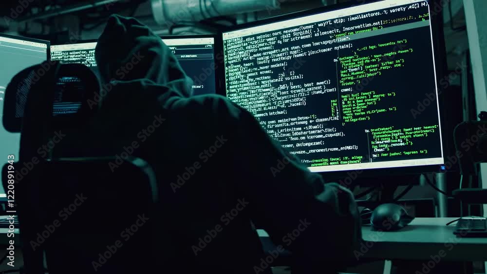 Poster exploring the world of cybersecurity through coding and network analysis in a dimly lit workspace