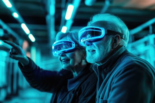Elderly couple experiencing immersive virtual reality, exploring a digital world with amazement.