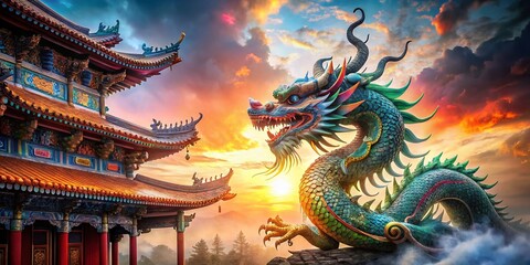 Fototapeta premium Mystical Dragon Double Exposure: Chinese Temple & Majestic Beast