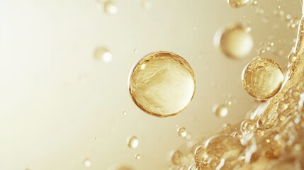 Liquid gold bubbles in movement with smooth background, use for cosmetic or drink product ad