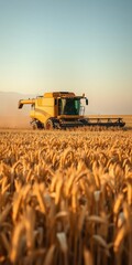 Obraz premium A combine harvester in a golden wheat field during harvest season, harvest season, crop harvesting