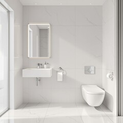 A contemporary white bathroom featuring a wall-mounted sink and bidet toilet, sleek lines, white marble countertops, bidet toilet, polished chrome accents