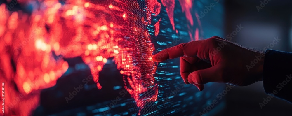 Poster a hand points at a glowing world map displayed in red hues, representing data visualization and glob