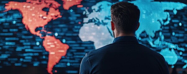 A person is observing a digital world map illuminated in blue and red, analyzing data and trends in a high-tech environment.
