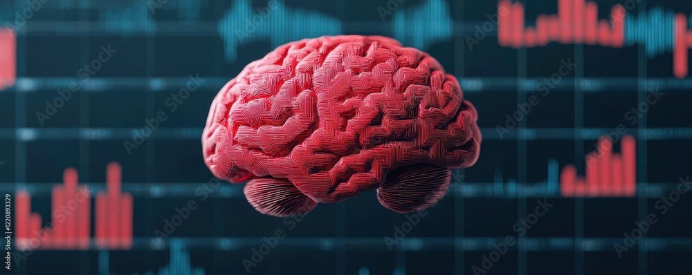 Poster a vibrant red brain floats above a digital background filled with graphs and data, symbolizing the i