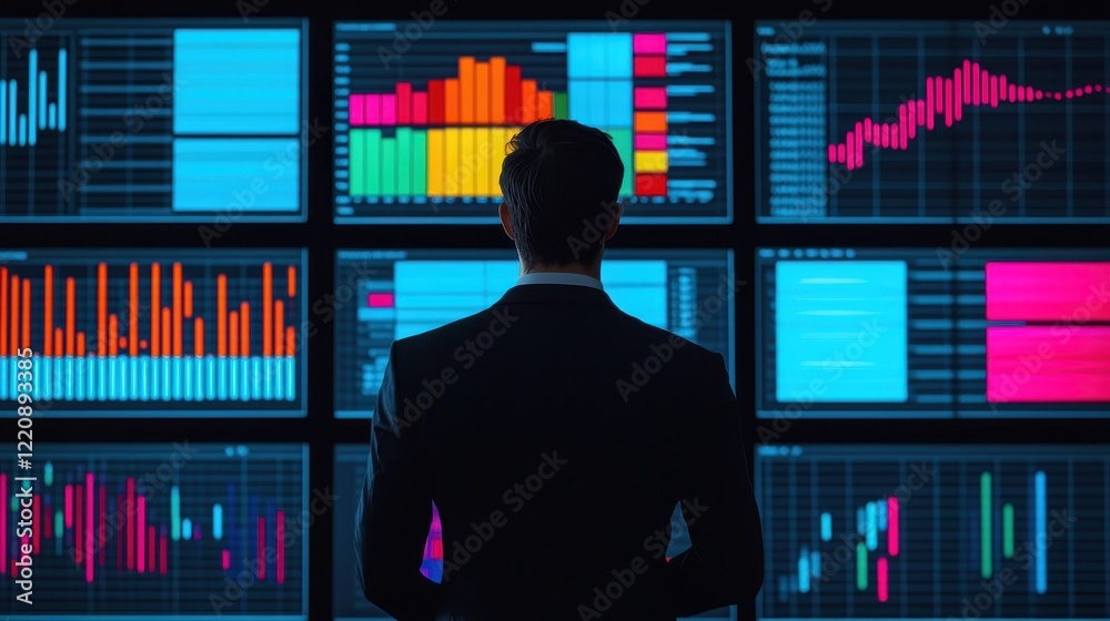 Poster a business professional analyzes multiple data screens displaying graphs and charts, highlighting ma