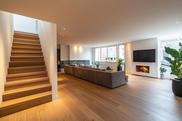 A living room with hardwood floors and stairs to the second floor