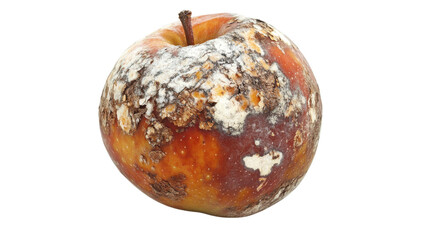 A decayed apple with wrinkled, discolored skin, brown rot patches, and white mold spots spreading, isolated on a white background.
