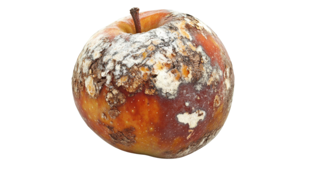 A decayed apple with wrinkled, discolored skin, brown rot patches, and white mold spots spreading, isolated on a white background.