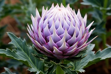Vibrant purple artichoke flower head blooming, showcasing its unique beauty and intricate details in a garden setting