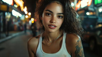 Obraz premium Portrait of a young woman in an urban environment showcasing vibrant nightlife and local culture during the evening hours