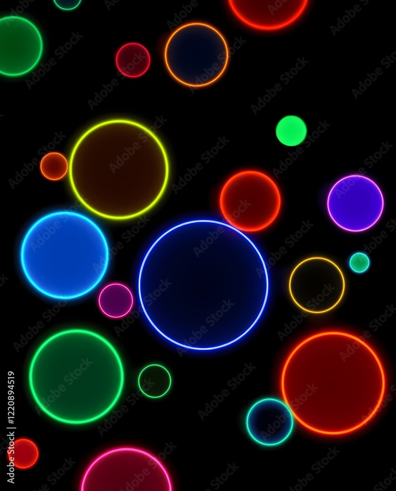 Poster colorful glowing circles create a vibrant abstract pattern on a black background showcasing a dynami