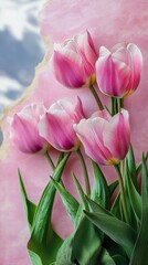 Naklejka premium Pink tulips arranged against a soft pink backdrop highlighting their vivid colors and delicate petals during the spring season