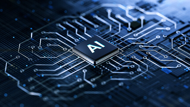AI chip on a circuit board. Symbolizes technological advancement and artificial intelligence integration. 3d rendering, conceptual image.