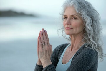 Serene older woman with gray hair meditates peacefully by the beach, hands clasped in prayer.