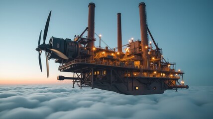 Fototapeta premium Steampunk Factory Rising Above Clouds with Vintage Machinery