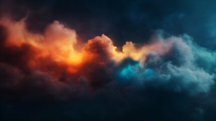 Fototapeta premium Vibrant Cosmic Clouds With Starry Specks And Ethereal Glow, Abstract Nebula-Inspired Artwork In Blue, Red, And Orange Hues Against Dark Background