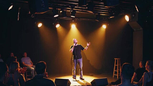 Comedian performs stand-up routine in lively comedy club at night