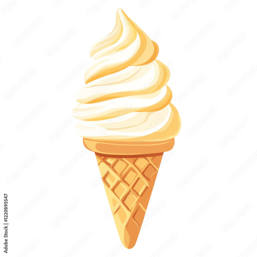 Poster A digital illustration of a single serving of vanilla soft serve ice cream in a waffle cone.