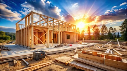 New Home Construction: Modern House Framing Under Construction, Sunny Day