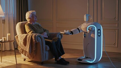 Companion robot assists elderly man in cozy living room during evening relaxation