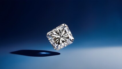 One big diamond floating in the air on a dark blue background. Presentation of diamonds.