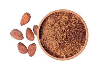 Cocoa powder in wooden bowl isolated on white background. Top view. Flat lay.