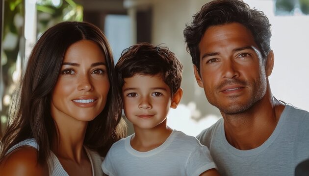 Family portrait capturing a joyful moment indoors with a couple and their young son enjoying quality time together during the afternoon