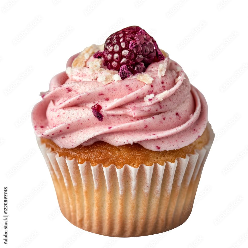 Poster a single, delicious raspberry cupcake with swirls of pink frosting and crunchy topping is shown agai