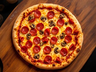 Overhead shot of a pepperoni pizza with mushrooms on a wooden board with studio lighting