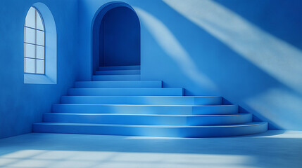 Fototapeta premium Modern architectural space featuring stairs and glowing soft shadows.