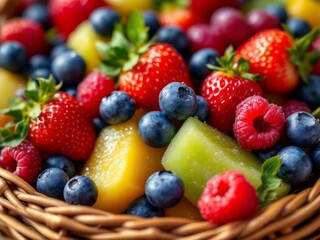 Obraz premium Close-up of a wicker basket filled with a colorful assortment of fresh strawberries, blueberries, raspberries and melon