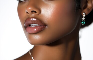 Elegant woman showcasing stunning jewelry with a focus on her radiant lips and intricate earrings against a soft backdrop