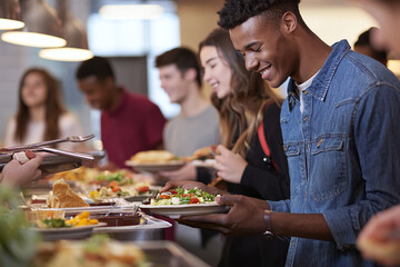 bustling university cafeteria, diverse students enjoying meals, vibrant social interaction, varied culinary options