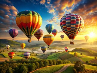 Fototapeta premium Colorful Hot Air Balloons Soaring Over Scenic Landscape at Sunrise