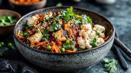 A beautifully arranged salad bowl featuring grilled cauliflower and tofu, garnished with cilantro and sesame seeds, highlighting a healthy, artistic presentation.