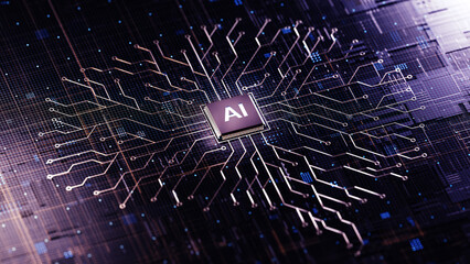 AI chip on a circuit board. Symbolizes technological advancement and artificial intelligence integration. 3d rendering, conceptual image.