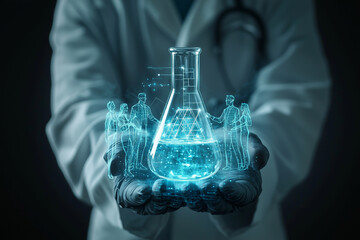 scientist in lab coat holds glowing flask with holographic figures around it, symbolizing innovation and collaboration in science