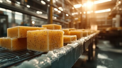 This captivating image illustrates the process of soap-making with various spiced soap bars, combining artistry and functionality in a sparkly factory environment.