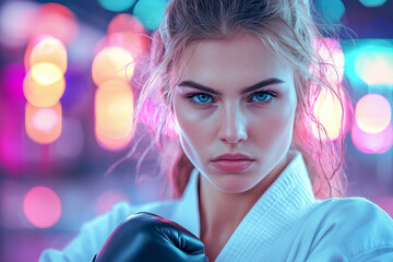 fierce woman in martial arts stance, showcasing strength and determination. vibrant background adds energetic atmosphere, highlighting her focus and intensity