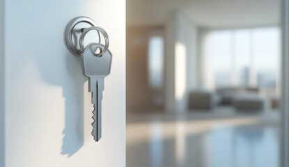 A key, shaped like a house, is hanging prominently on the door