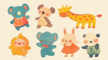 Obraz premium Collection of adorable cartoon animals, including a koala, giraffe, and panda, on a beige background