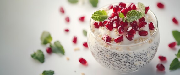 Nutritious chia pudding layered with greek yogurt, oat flakes, sparkling pomegranate seeds, garnished with fresh mint on pristine white surface