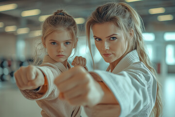 mother and daughter practicing martial arts together, showcasing strength and determination. Their focused expressions highlight bond and shared passion for self defense