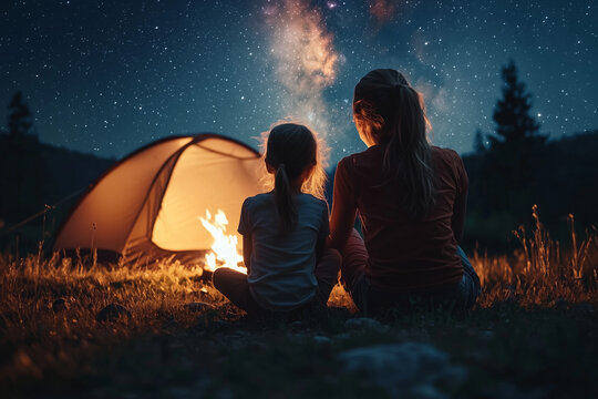 mother and daughter enjoy camping night under starry sky, sitting by warm campfire. scene captures moment of connection and tranquility in nature - Powered by Adobe