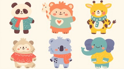 Collection of six cute cartoon animals wearing winter clothes in various colors
